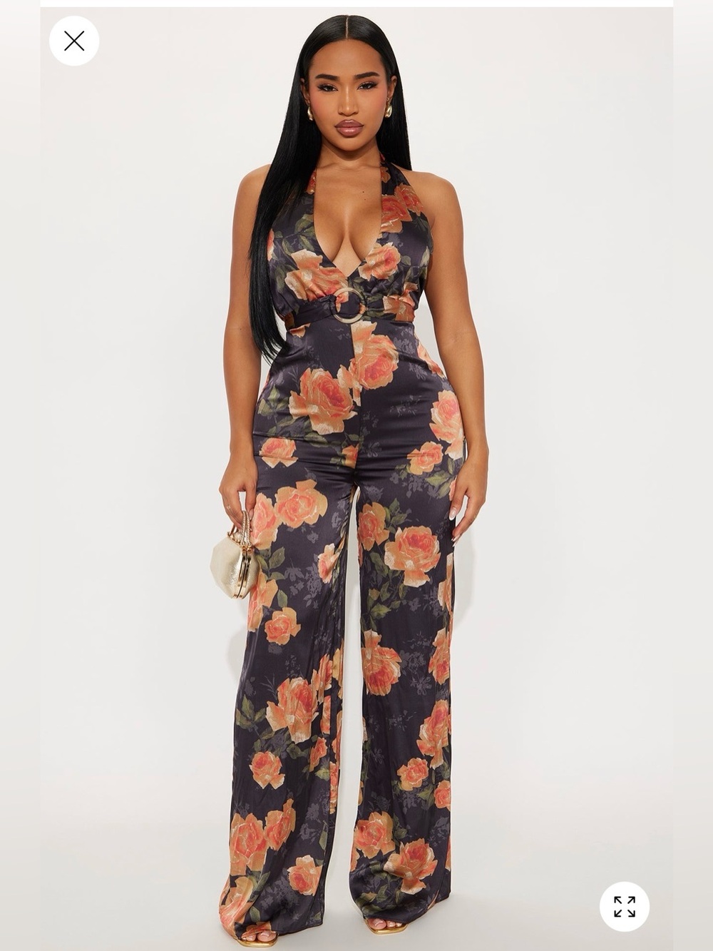 Fashion Nova Black Halter Floral Wide-Leg Jumpsuit